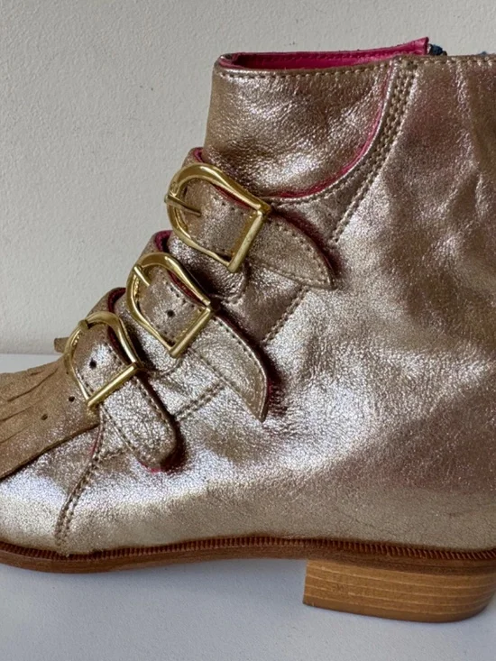 MODERN VICE NYC Handmade Leather Boot Metallic Gold Zip Up Buckle Size 37 Fringe - Picture 10 of 15